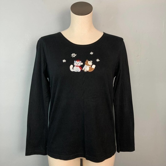 𝅺lemon Grass Studio Christmas Holiday Kitty Cat Long Sleeve T-Shirt Black Size S - Picture 1 of 12
